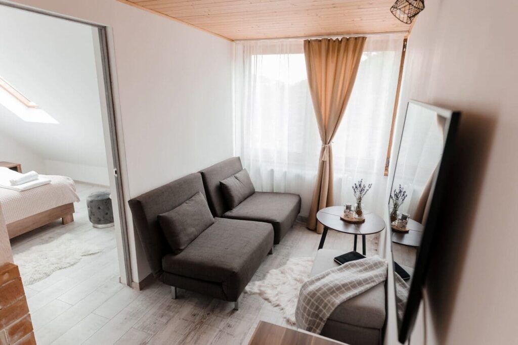 O imagine a holului de la etajul Cabanei Ana, amenajat ca o zonă de relaxare. Se observă o canapea extensibilă gri, o măsuță de cafea, un televizor și o oglindă. În plan îndepărtat, se vede intrarea în una dintre camerele de la mansardă, cu un pat matrimonial și lumină naturală.Holul de la etajul Cabanei Ana a fost transformat într-un spațiu primitor și funcțional. Canapeaua extensibilă oferă un loc suplimentar de dormit, dar și un spațiu ideal pentru a citi o carte sau a te uita la televizor. Această zonă adaugă un plus de confort și flexibilitate, fiind perfectă pentru familii sau grupuri de prieteni care doresc să aibă un loc de socializare în afara camerelor. Este o dovadă a atenției la detalii și a optimizării spațiului la Cabana Ana, Feleacu.