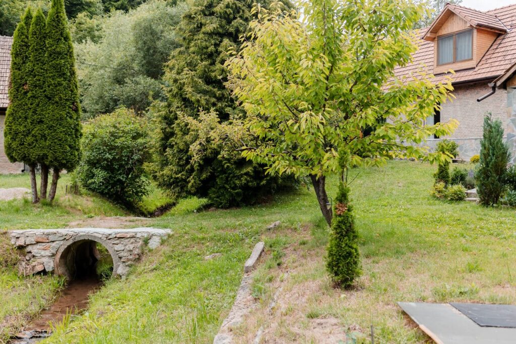 O imagine de aproape a pârâului care trece prin curtea Cabanei Ana. Se observă podul de piatră care asigură accesul la cabană, un peisaj natural cu copaci și vegetație luxuriantă, și o parte din cabană cu acoperiș de țiglă, în fundal.